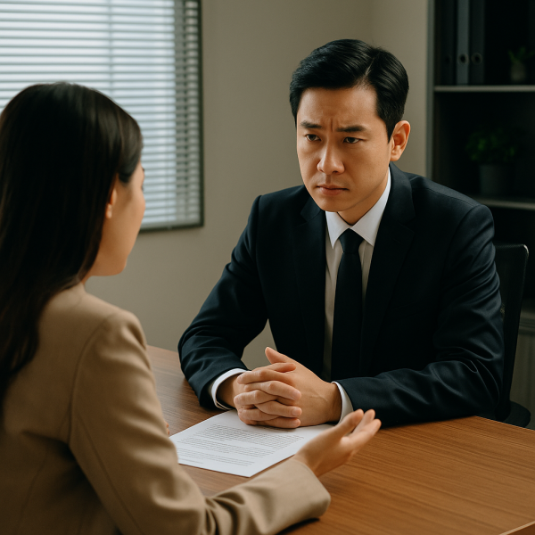 여수흥신소 상담실에서 남성 조사 전문가가 의뢰인의 설명을 진지하게 듣는 상담 장면